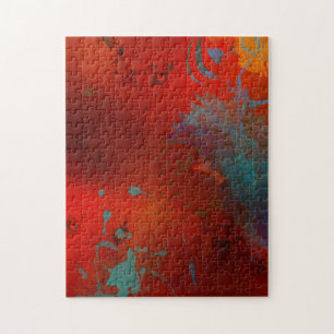 Red, Aqua & Gold Grunge Abstract Art Jigsaw Puzzle