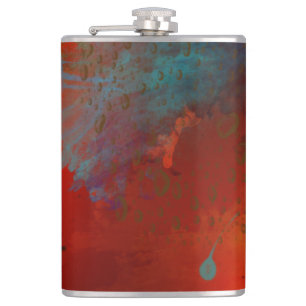 Red, Aqua & Gold Grunge Digital Abstract Art Hip Flask