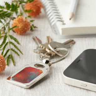 Red, Aqua & Gold Grunge Digital Abstract Art Key Ring