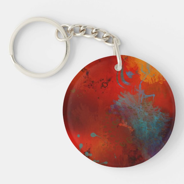 Red, Aqua & Gold Grunge Digital Abstract Art Key Ring (Front)