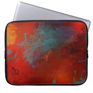Red, Aqua & Gold Grunge Digital Abstract Art Laptop Sleeve