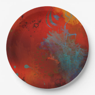 Red, Aqua & Gold Grunge Digital Abstract Art Paper Plate