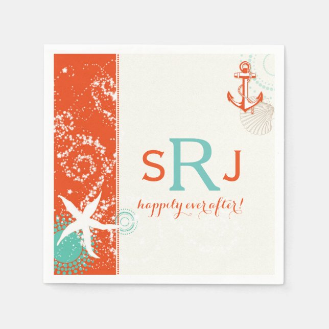 Red Aqua Ivory Nautical Beach Wedding Napkin (Front)