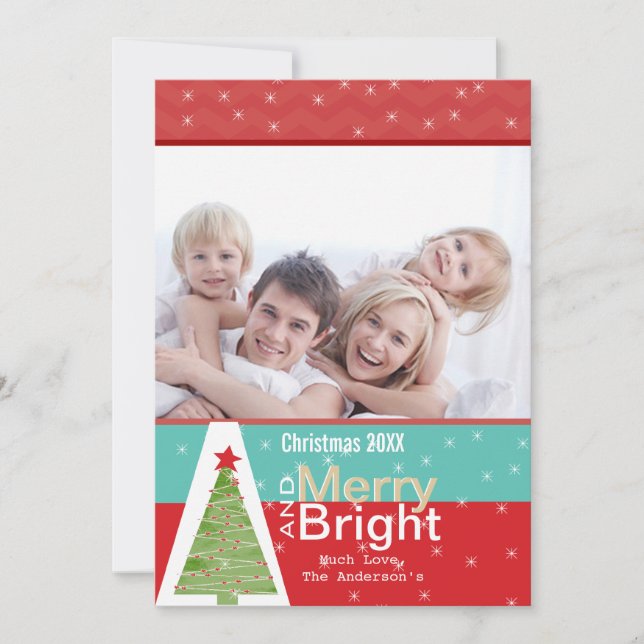 Red Aqua Pine Tree Merry Bright Family Photo Card (Front)
