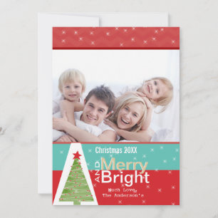 Red Aqua Pine Tree Merry Bright Family Photo Card