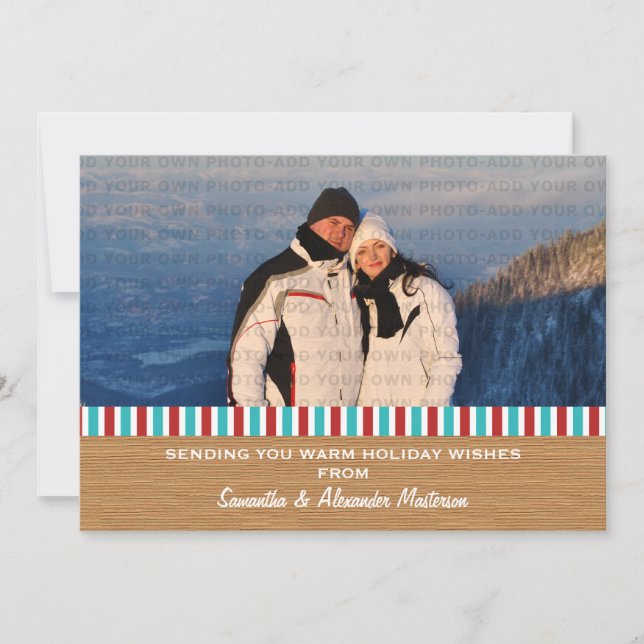 Red/Aqua Rustic Stripes Photo Card (Front)