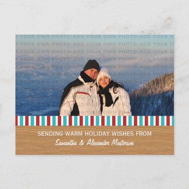 Red/Aqua Rustic Stripes Photo Postcard (Front)