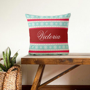 Red Aqua Snowflakes Christmas Pattern Custom Name Cushion