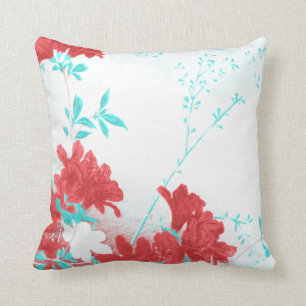 Red aqua teal spring flower blossom Throw pillow