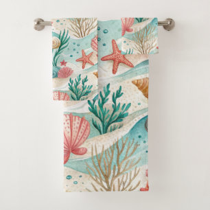 RED & AQUA TROPICAL SEASHELLS & STARFISH BATH TOWEL SET