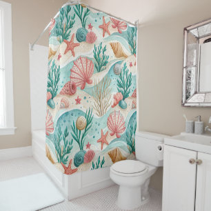 RED & AQUA TROPICAL SEASHELLS & STARFISH SHOWER CURTAIN