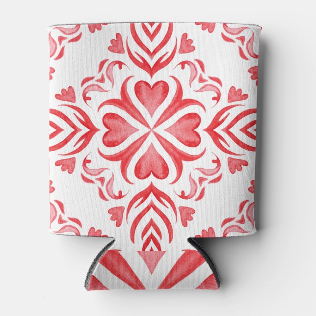 Red arabesque watercolor: ornamental pattern. can cooler (Front)