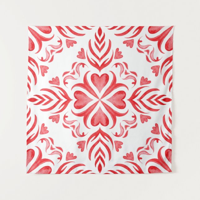 Red arabesque watercolor: ornamental pattern. tapestry (Front)