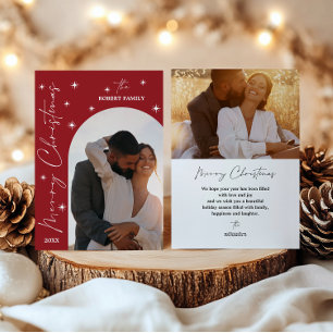 Red Arch Modern Script 2 Photo Merry Christmas  Holiday Card