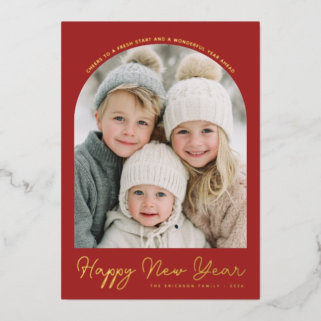 Red Arch New Year Photo Foil Holiday Card (Front)