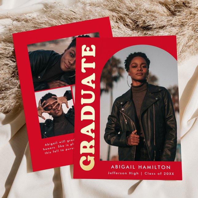 Red Arch Photo Foil Graduation Announcement (Creator Uploaded)