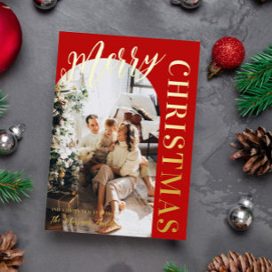 Red Arch Shaped Photo Merry Christmas Gold Foil Holiday Card
