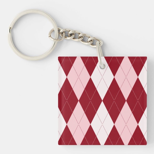 Red Argyle Crimson Pink Small Diamond Shape Key Ring (Front)