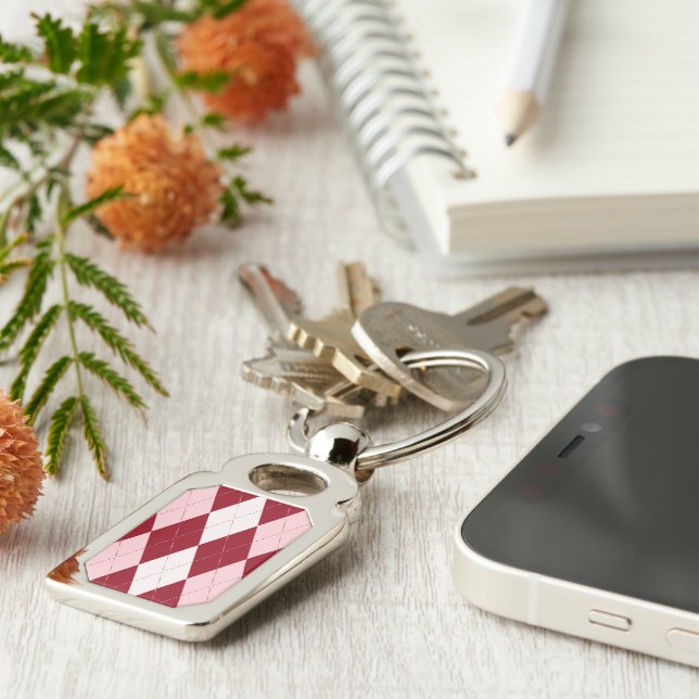 Red Argyle Crimson Pink Small Diamond Shape Key Ring (Side)