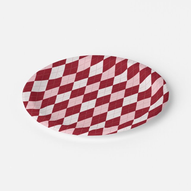 Red Argyle Crimson Pink Small Diamond Shape Paper Plate (Angled)