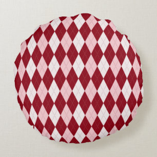 Red Argyle Crimson Pink Small Diamond Shape Round Cushion