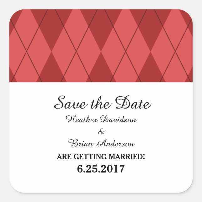 Red Argyle Save the Date Stickers (Front)