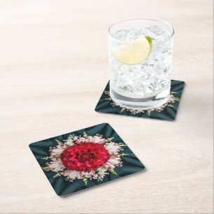 Red Armeria Floral Arrangement on Luxurious Square Paper Coaster