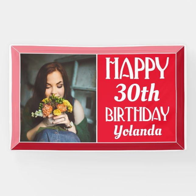 Red Art Deco Beveled Photo Birthday Banner (Horizontal)