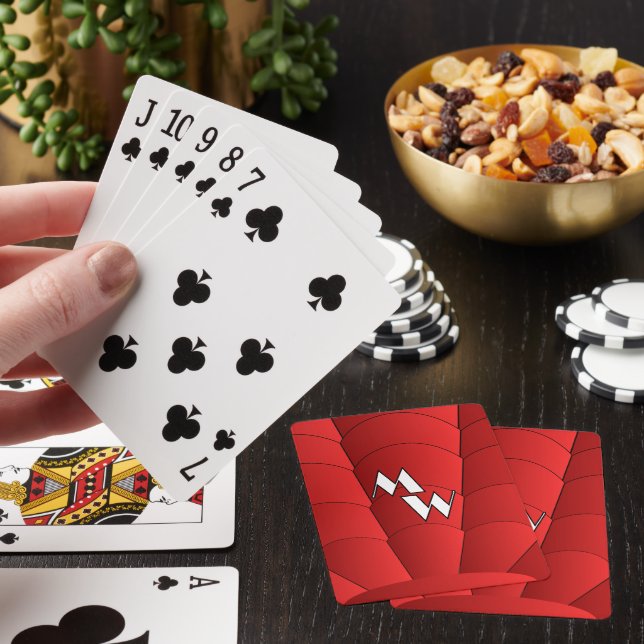 Red Art Deco Design Monogrammed Playing Cards (In Situ)