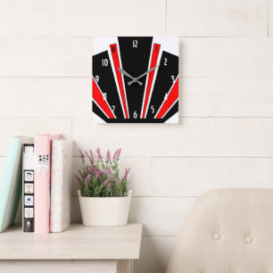 Red Art Deco Design Square Wall Clock
