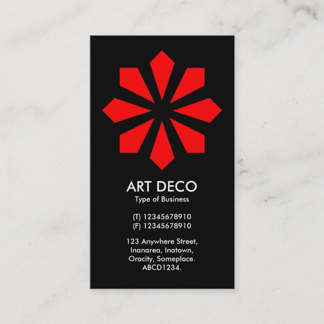 Red Art Deco Flower Star - Black Business Card (Front)