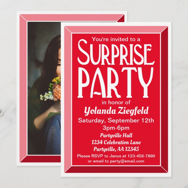 Red Art Deco Photo Birthday Surprise Party Invitation (Front/Back)