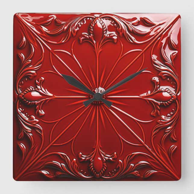 Red Art Deco  Square Wall Clock (Front)