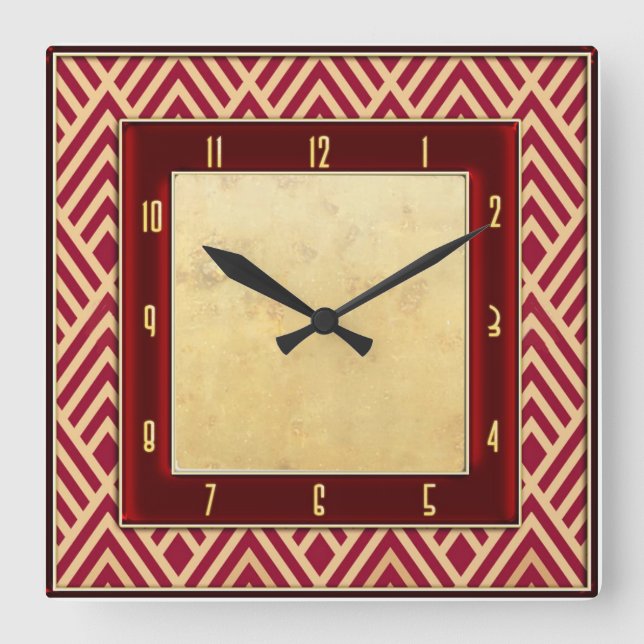 Red Art Deco Style Square Wall Clock (Front)