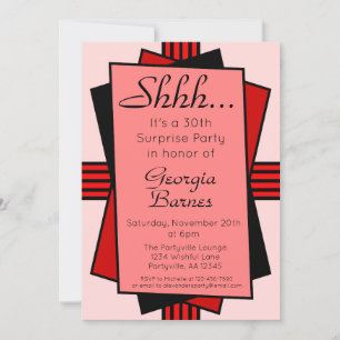Red Art Deco Surprise Party Birthday Invitation