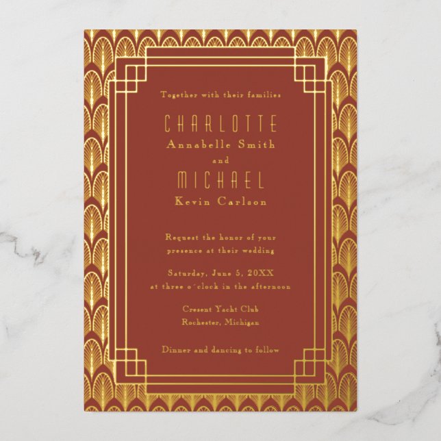 Red Art Deco Vintage gold Foil Invitation (Front)