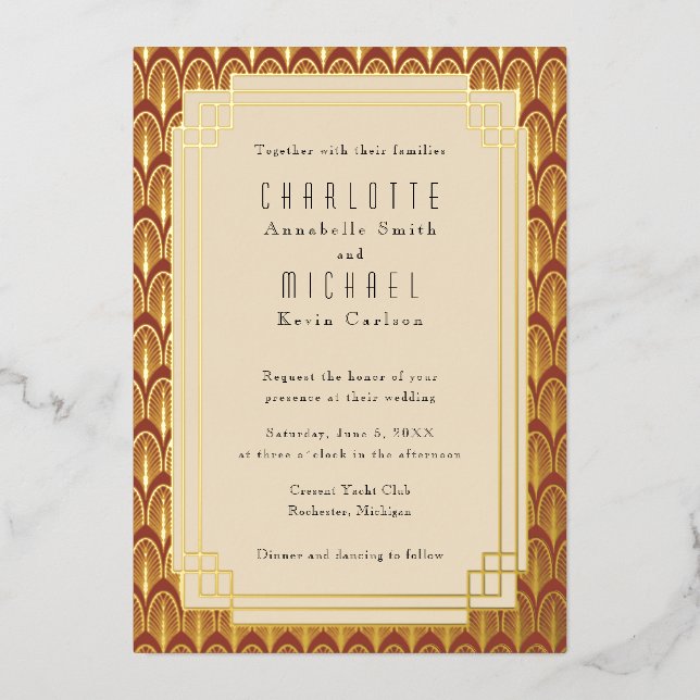 Red Art Deco Vintage gold Foil Invitation (Front)