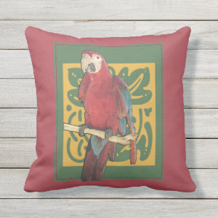 Red Art Nouveau Parrot Outdoor Cushion