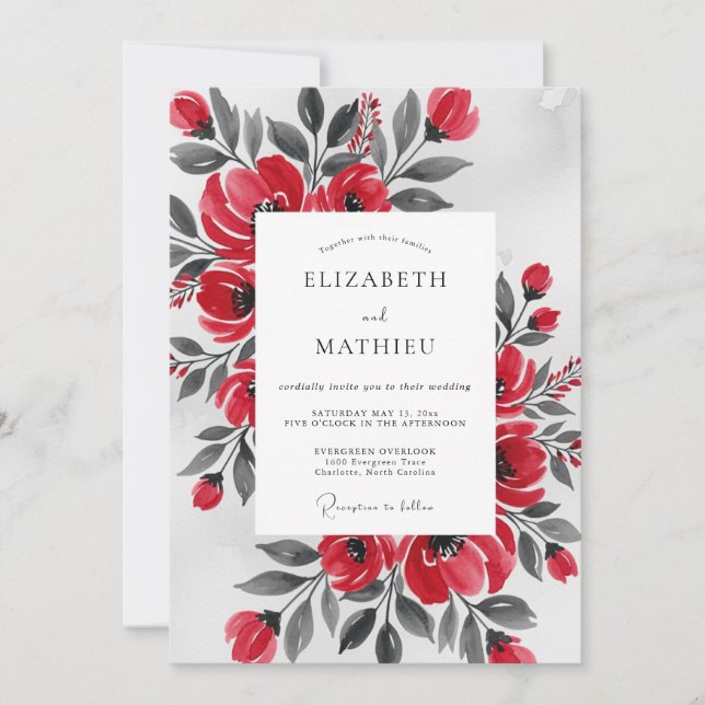Red Artistic Watercolor Winter Wedding Invitation (Front)