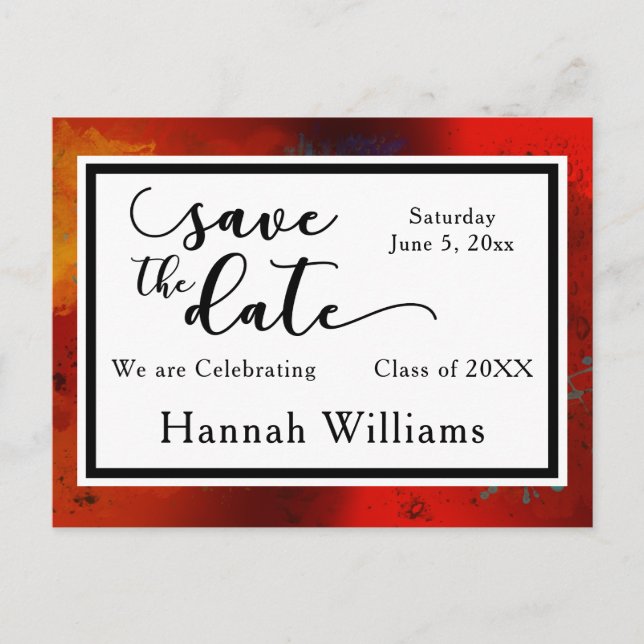 Red, Artsy, Unique Graduation Save the Date Announcement Postcard (Front)