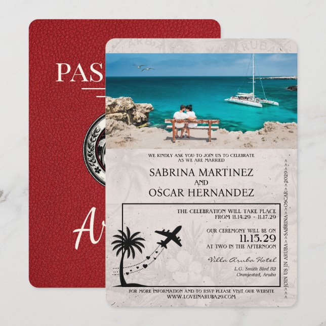 Red Aruba Passport Wedding Invitation (Front/Back)
