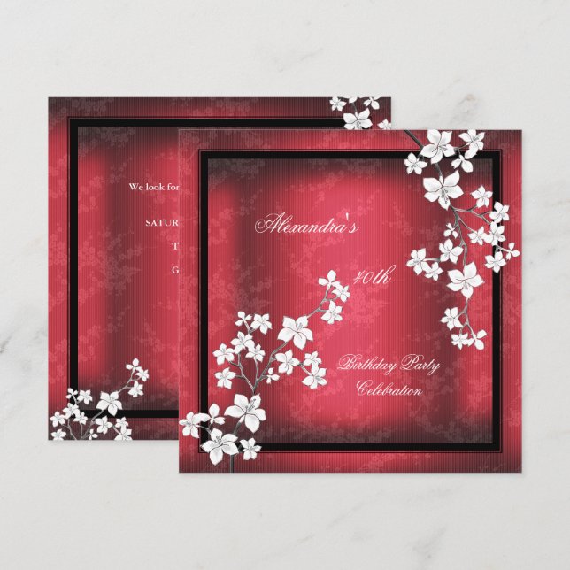 Red Asian Black Blossom White Birthday Party Invitation (Front/Back)