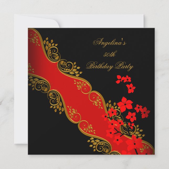 Red Asian Black Floral Gold Birthday Party Invitation (Front)