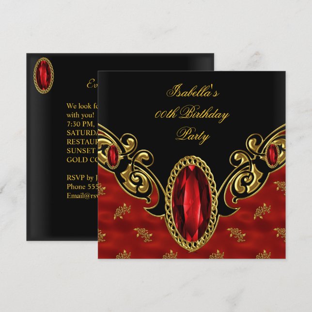 Red Asian Black & Gold Birthday Party Invitation (Front/Back)
