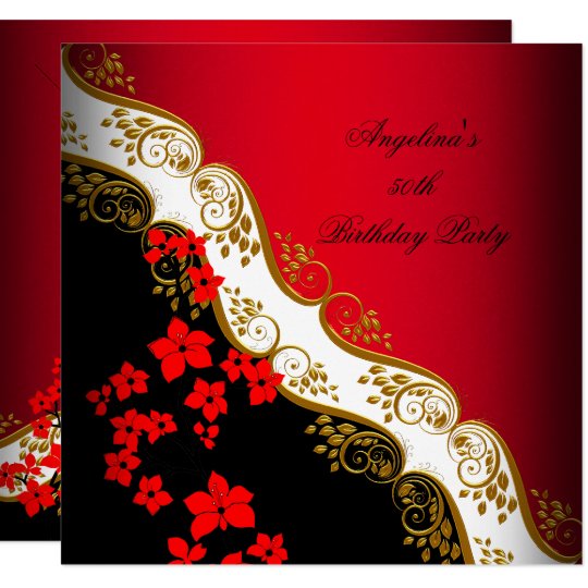 Red Asian Black White Floral Gold Birthday Party Invitation