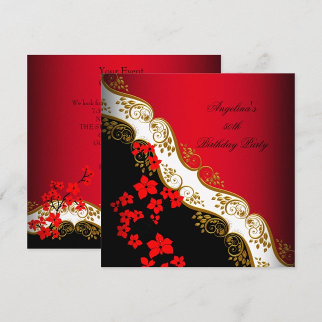 Red Asian Black White Floral Gold Birthday Party Invitation (Front/Back)