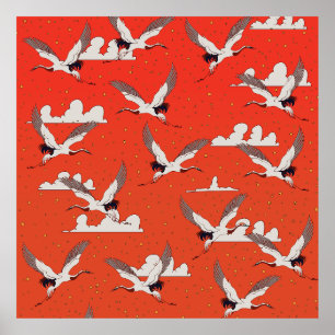 Red Asian Crane Pattern Poster