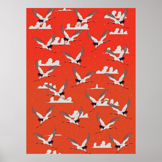 Red Asian Crane Pattern Poster (Front)