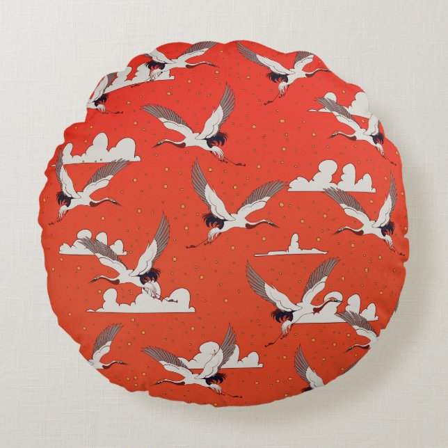 Red Asian Crane Pattern Round Cushion (Front)