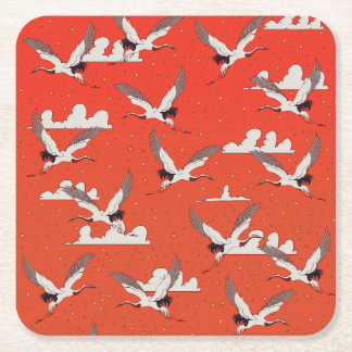 Red Asian Crane Pattern Square Paper Coaster